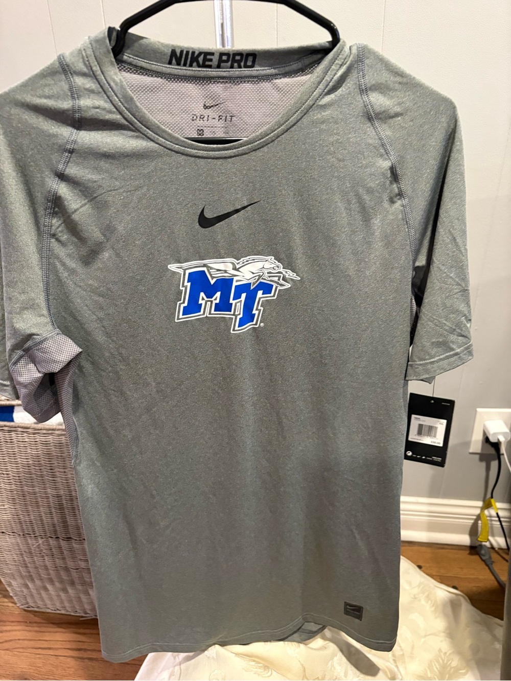 Nike Gray Dri-FIT Men's MT Logo Athletic Shirt with Blue Accent